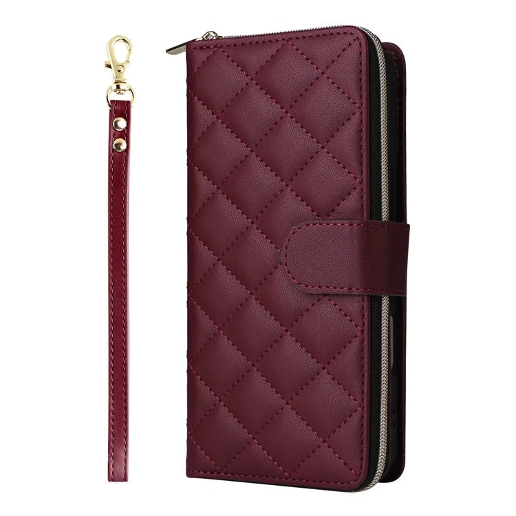 For iPhone 16 Leather Case Zipper Wallet Phone Bag with Shoulder Strap and Hand Strap