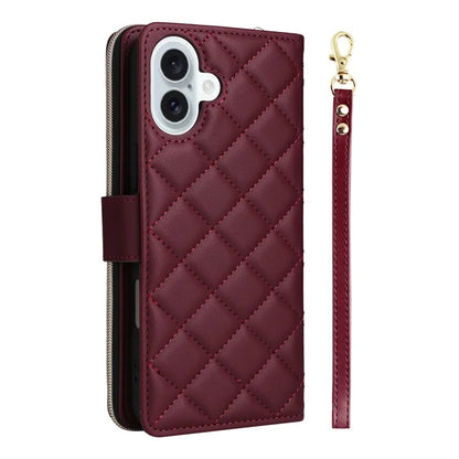 For iPhone 16 Leather Case Zipper Wallet Phone Bag with Shoulder Strap and Hand Strap