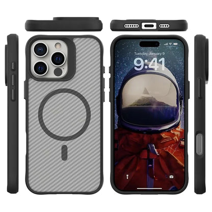 For iPhone 16 Pro Max Case Compatible with MagSafe Carbon Fiber Texture TPU+PC Phone Cover - Black