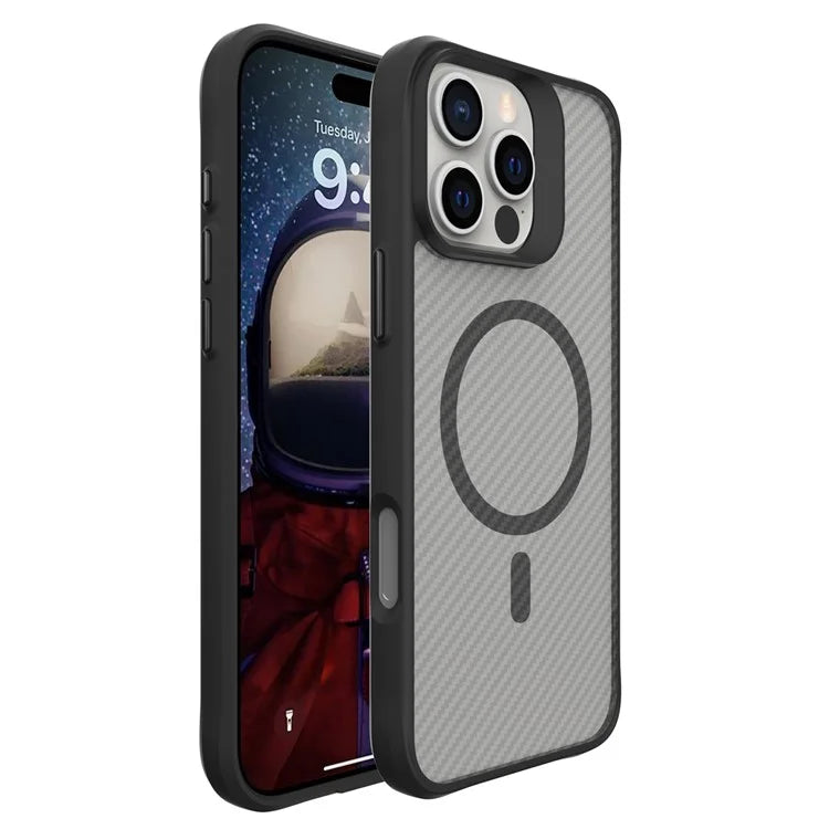 For iPhone 16 Pro Case Carbon Fiber Texture TPU+PC Magnetic Phone Cover - Black