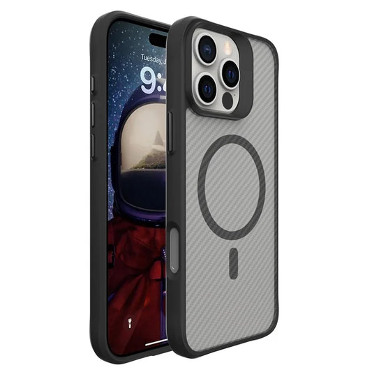 For iPhone 16 Pro Case Carbon Fiber Texture TPU+PC Magnetic Phone Cover - Black