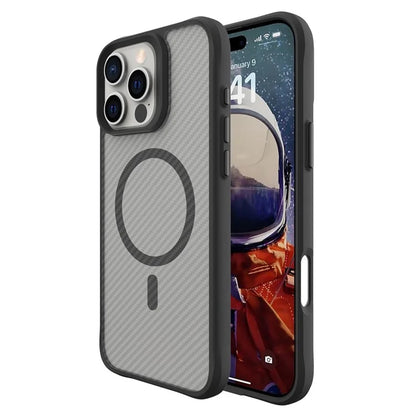 For iPhone 16 Pro Case Carbon Fiber Texture TPU+PC Magnetic Phone Cover - Black