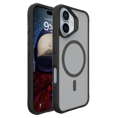 For iPhone 16 Plus Magnetic Case Anti-Scratch TPU+PC Phone Cover Carbon Fiber Texture - Black