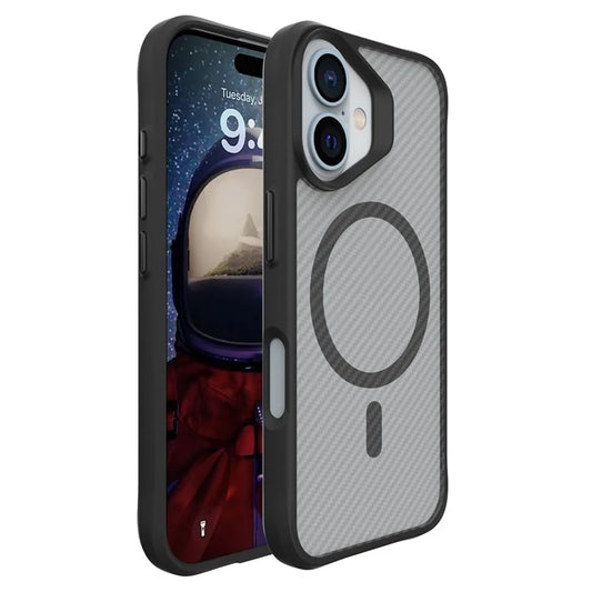 For iPhone 16 Plus Magnetic Case Anti-Scratch TPU+PC Phone Cover Carbon Fiber Texture - Black