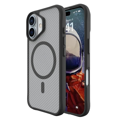 For iPhone 16 Plus Magnetic Case Anti-Scratch TPU+PC Phone Cover Carbon Fiber Texture - Black