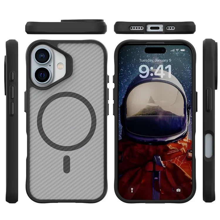 For iPhone 16 Plus Magnetic Case Anti-Scratch TPU+PC Phone Cover Carbon Fiber Texture - Black