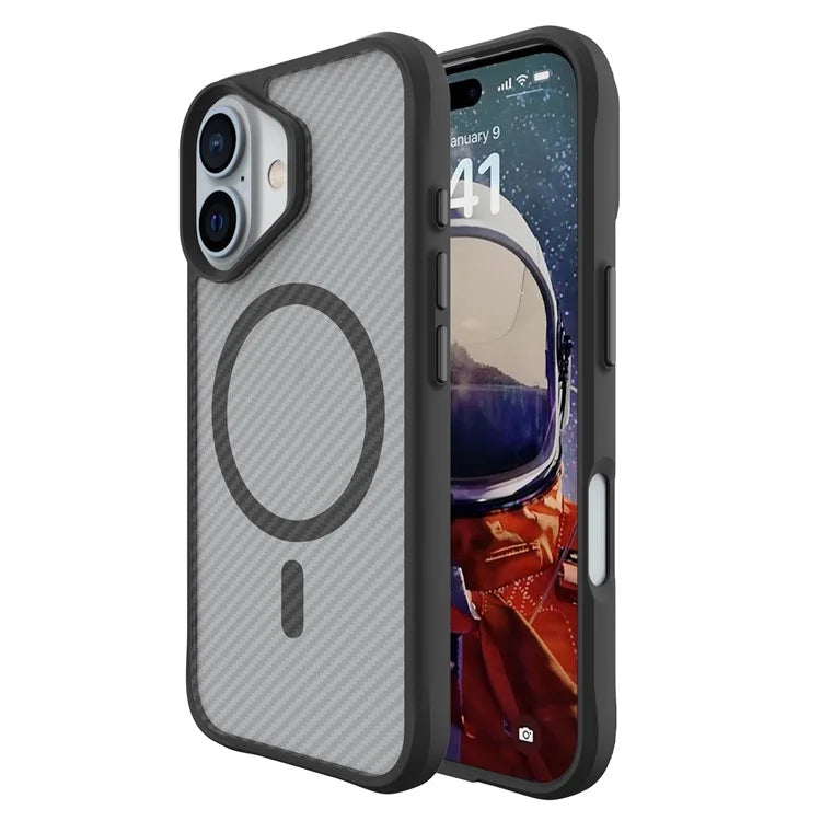 For iPhone 16 Magnetic Case Carbon Fiber Texture TPU+PC Phone Cover Compatible with MagSafe - Black