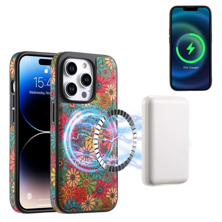 A12 For iPhone 15 Pro Max Case Compatible with MagSafe Floral PU Leather Back Phone Cover