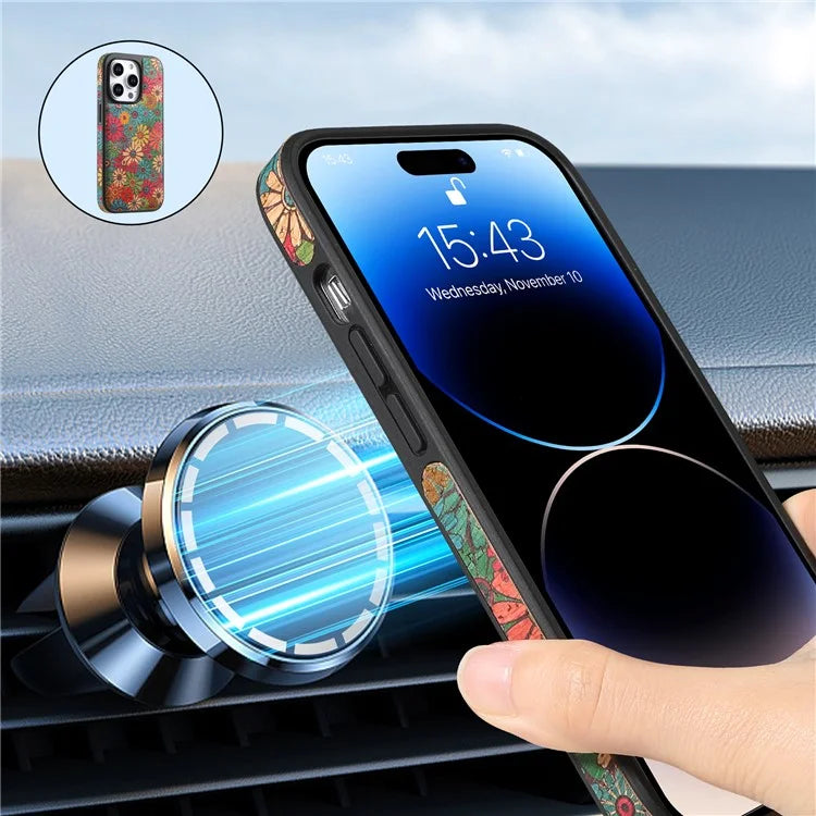 A12 For iPhone 15 Pro Max Case Compatible with MagSafe Floral PU Leather Back Phone Cover