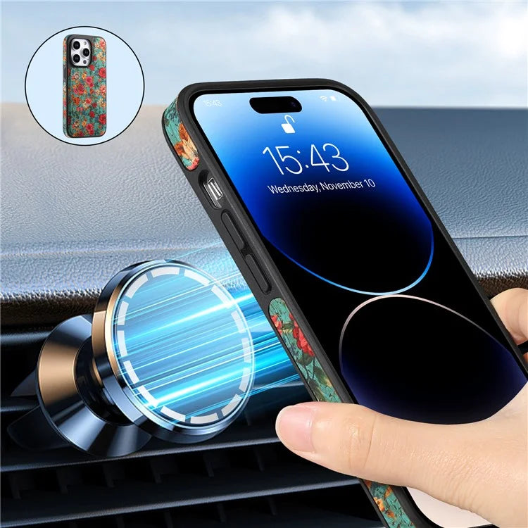 A12 For iPhone 15 Pro Max Case Compatible with MagSafe Floral PU Leather Back Phone Cover