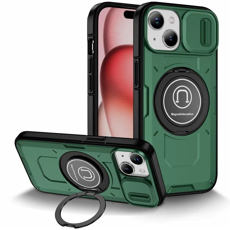 For iPhone 15 Plus Case TPU+PC Camshield Rotary Ring Kickstand Phone Cover