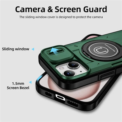 For iPhone 15 Plus Case TPU+PC Camshield Rotary Ring Kickstand Phone Cover