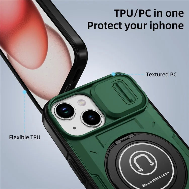 For iPhone 15 Plus Case TPU+PC Camshield Rotary Ring Kickstand Phone Cover