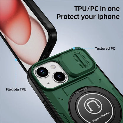 For iPhone 15 Plus Case TPU+PC Camshield Rotary Ring Kickstand Phone Cover