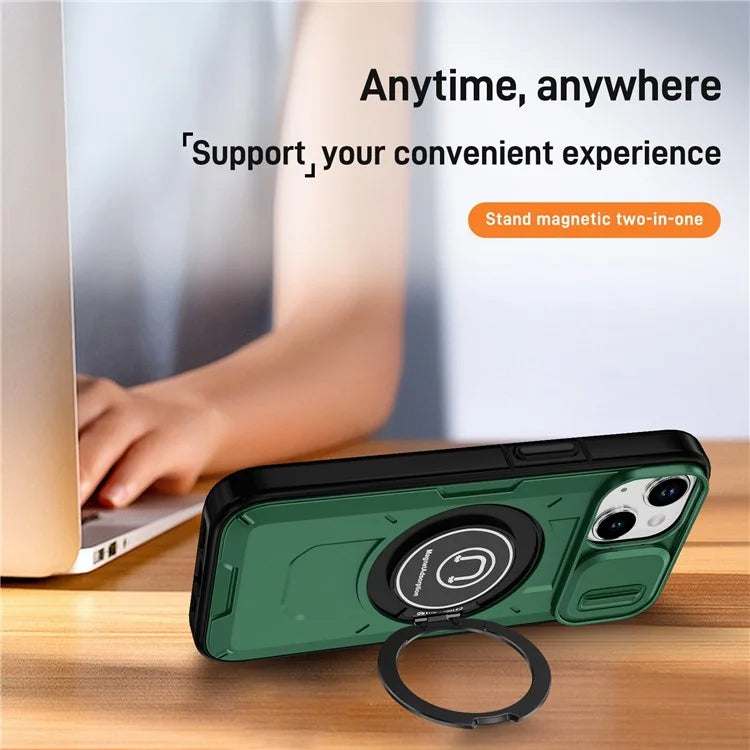 For iPhone 15 Plus Case TPU+PC Camshield Rotary Ring Kickstand Phone Cover