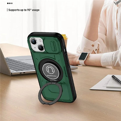 For iPhone 15 Plus Case TPU+PC Camshield Rotary Ring Kickstand Phone Cover