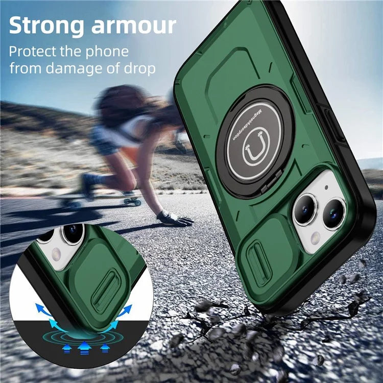 For iPhone 15 Plus Case TPU+PC Camshield Rotary Ring Kickstand Phone Cover