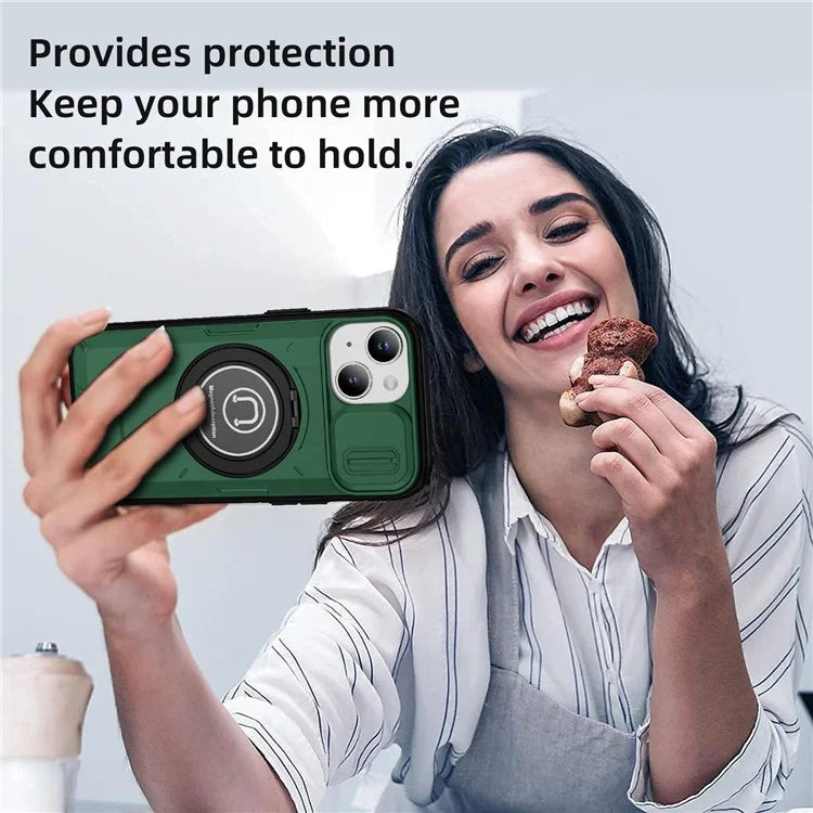 For iPhone 15 Plus Case TPU+PC Camshield Rotary Ring Kickstand Phone Cover