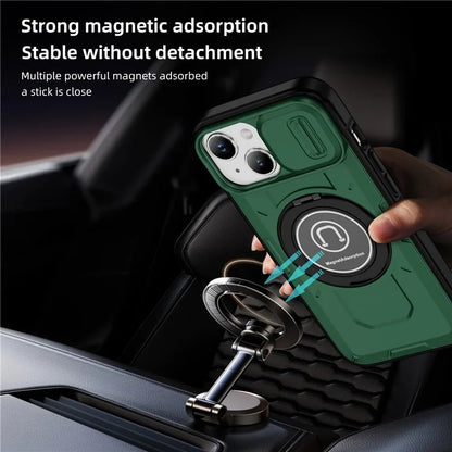 For iPhone 15 Plus Case TPU+PC Camshield Rotary Ring Kickstand Phone Cover