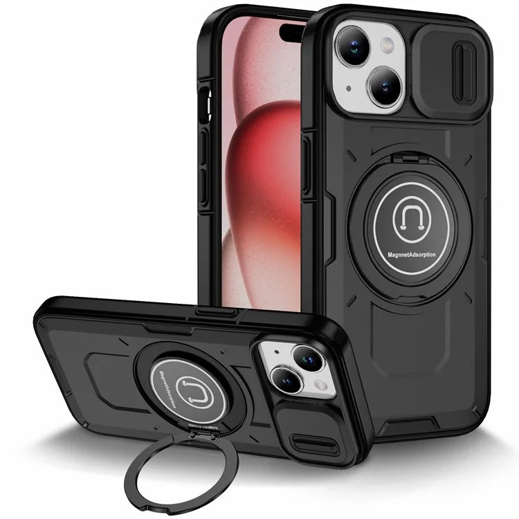 For iPhone 15 Plus Case TPU+PC Camshield Rotary Ring Kickstand Phone Cover