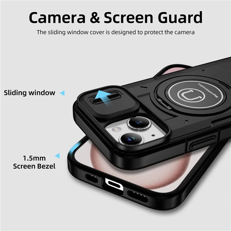 For iPhone 15 Plus Case TPU+PC Camshield Rotary Ring Kickstand Phone Cover