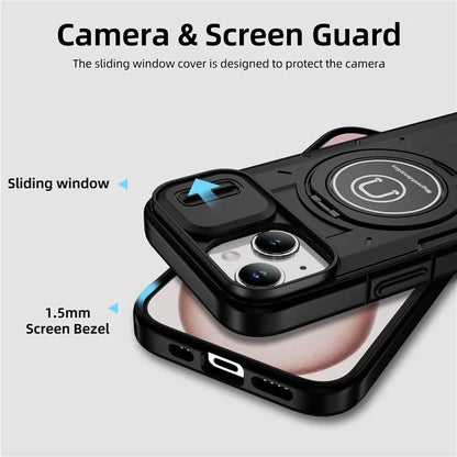 For iPhone 15 Plus Case TPU+PC Camshield Rotary Ring Kickstand Phone Cover