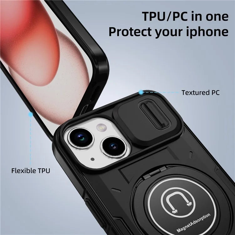 For iPhone 15 Plus Case TPU+PC Camshield Rotary Ring Kickstand Phone Cover