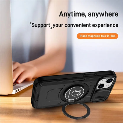 For iPhone 15 Plus Case TPU+PC Camshield Rotary Ring Kickstand Phone Cover