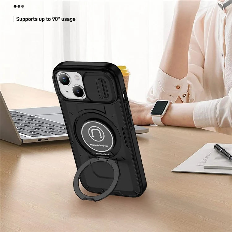 For iPhone 15 Plus Case TPU+PC Camshield Rotary Ring Kickstand Phone Cover