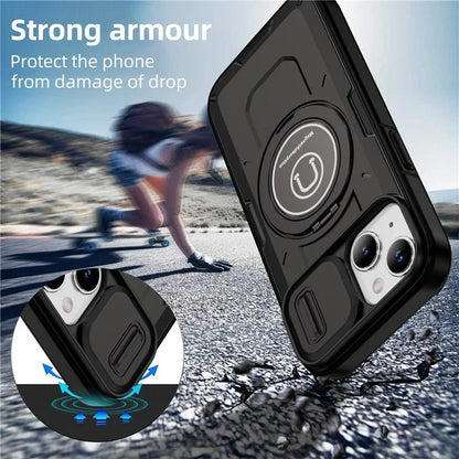 For iPhone 15 Plus Case TPU+PC Camshield Rotary Ring Kickstand Phone Cover