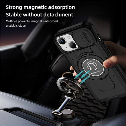 For iPhone 15 Plus Case TPU+PC Camshield Rotary Ring Kickstand Phone Cover
