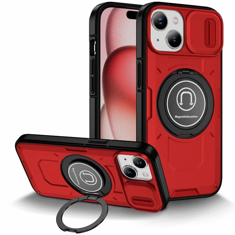 For iPhone 15 Plus Case TPU+PC Camshield Rotary Ring Kickstand Phone Cover