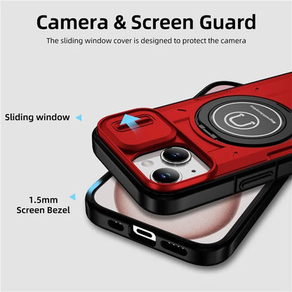 For iPhone 15 Plus Case TPU+PC Camshield Rotary Ring Kickstand Phone Cover
