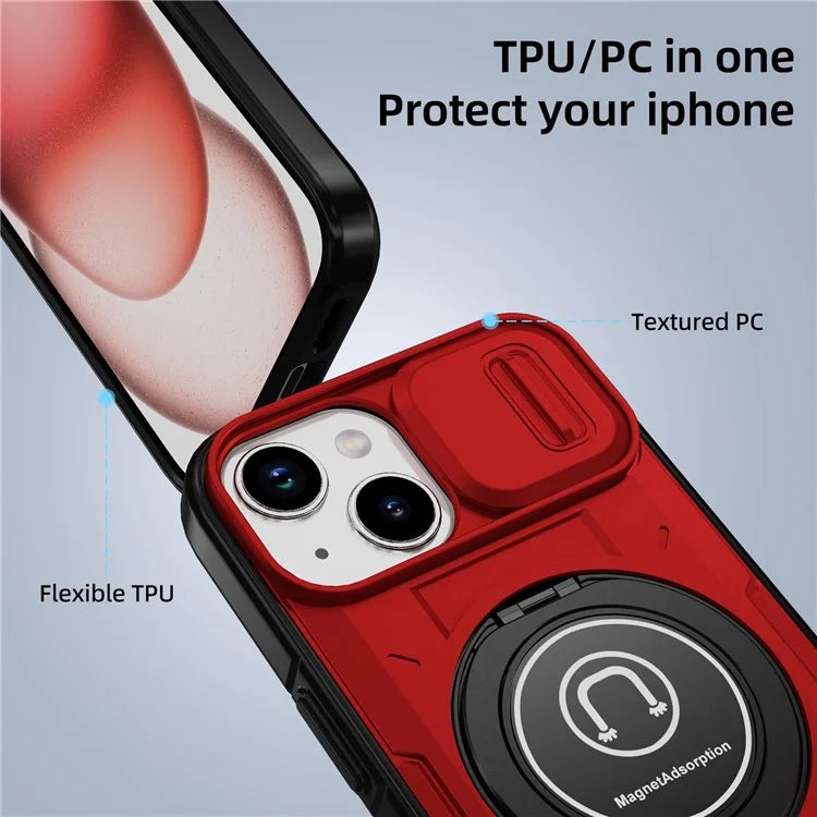 For iPhone 15 Plus Case TPU+PC Camshield Rotary Ring Kickstand Phone Cover