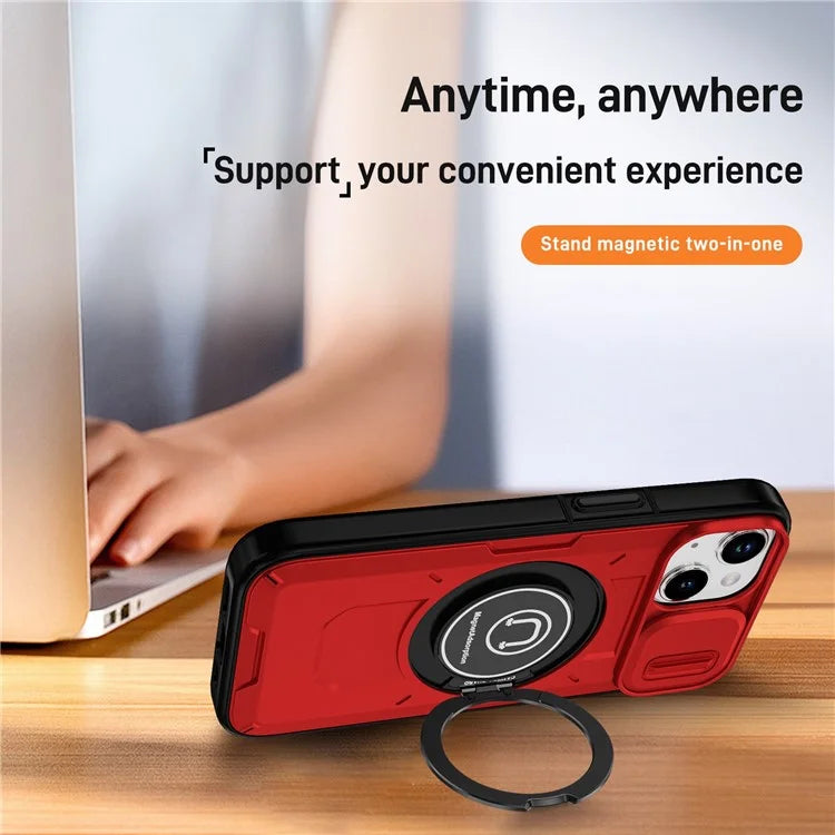 For iPhone 15 Plus Case TPU+PC Camshield Rotary Ring Kickstand Phone Cover