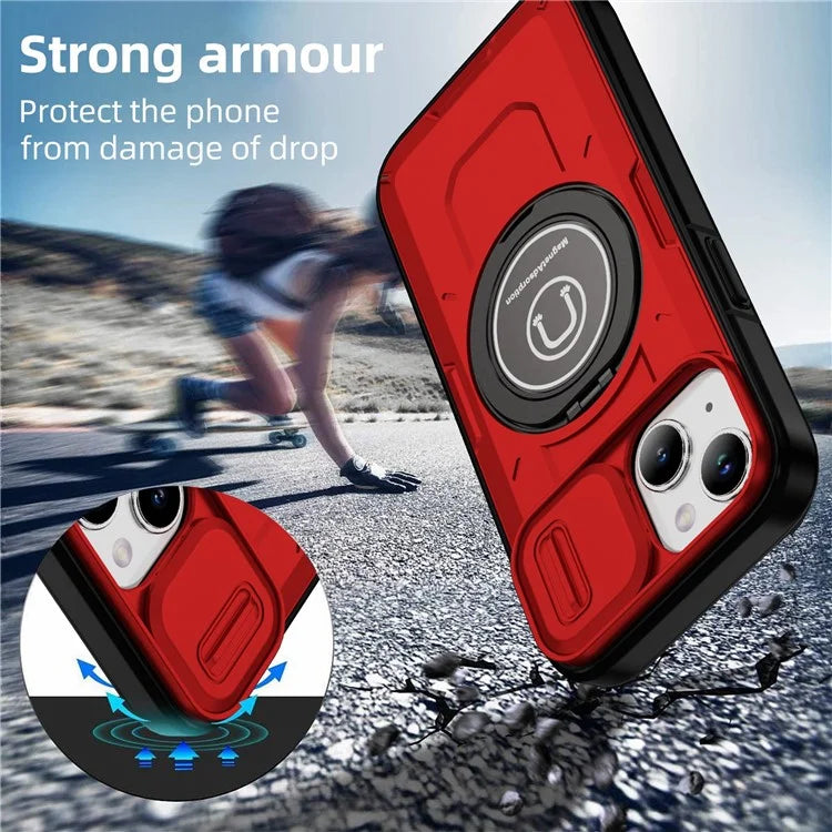 For iPhone 15 Plus Case TPU+PC Camshield Rotary Ring Kickstand Phone Cover