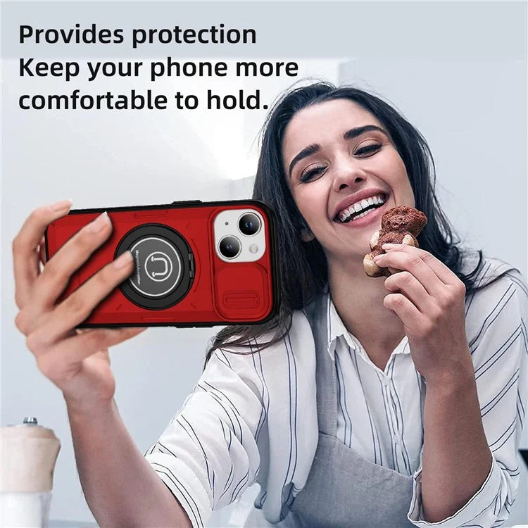 For iPhone 15 Plus Case TPU+PC Camshield Rotary Ring Kickstand Phone Cover