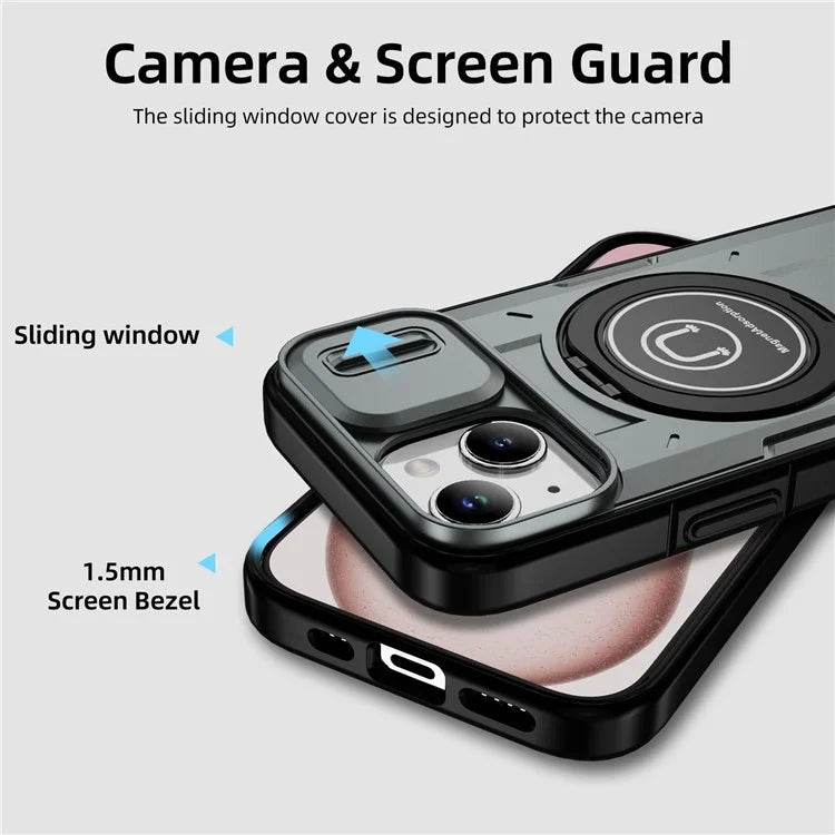 For iPhone 15 Plus Case TPU+PC Camshield Rotary Ring Kickstand Phone Cover