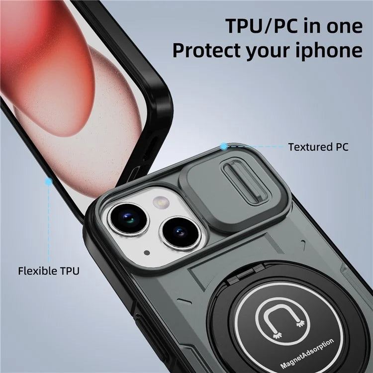 For iPhone 15 Plus Case TPU+PC Camshield Rotary Ring Kickstand Phone Cover
