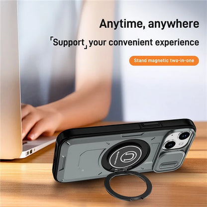 For iPhone 15 Plus Case TPU+PC Camshield Rotary Ring Kickstand Phone Cover