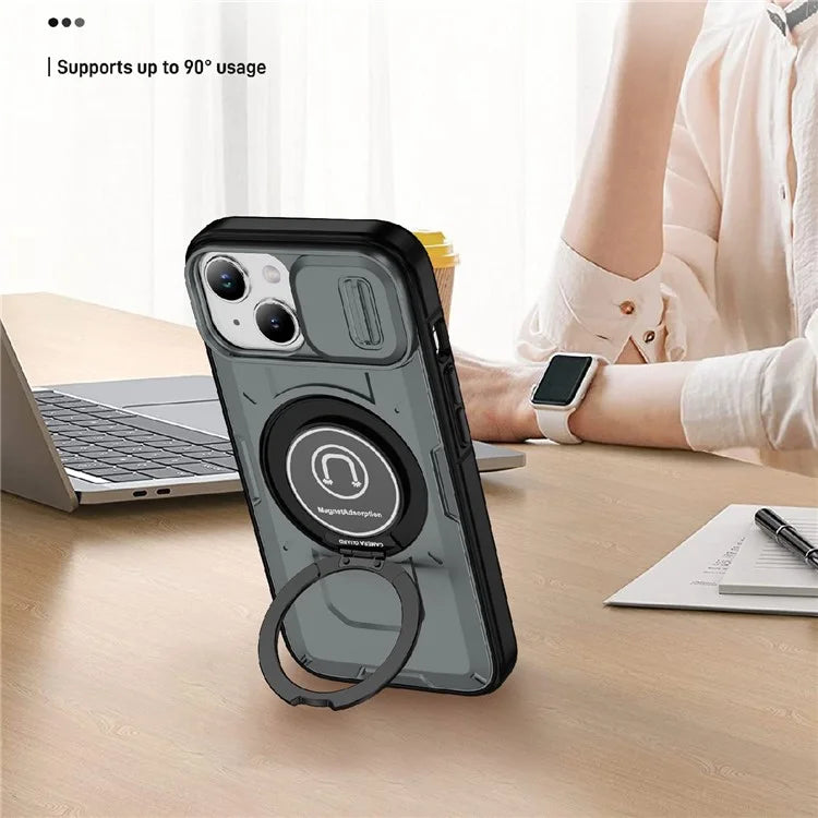For iPhone 15 Plus Case TPU+PC Camshield Rotary Ring Kickstand Phone Cover