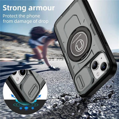 For iPhone 15 Plus Case TPU+PC Camshield Rotary Ring Kickstand Phone Cover