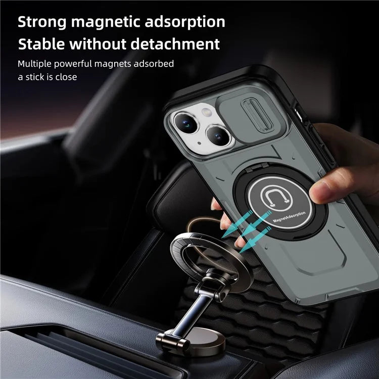 For iPhone 15 Plus Case TPU+PC Camshield Rotary Ring Kickstand Phone Cover