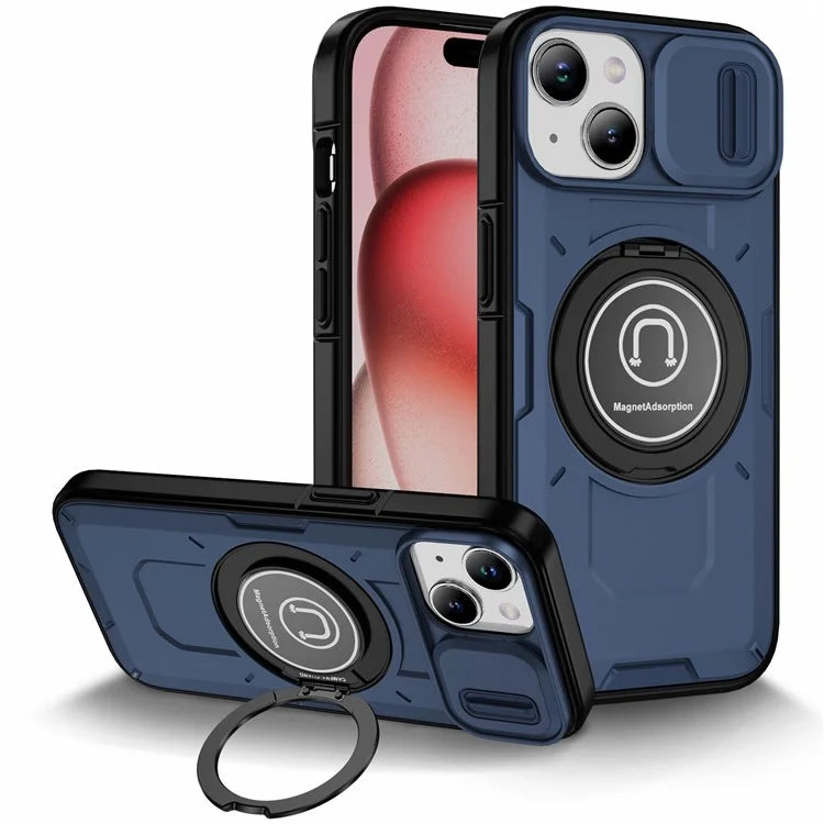For iPhone 15 Plus Case TPU+PC Camshield Rotary Ring Kickstand Phone Cover