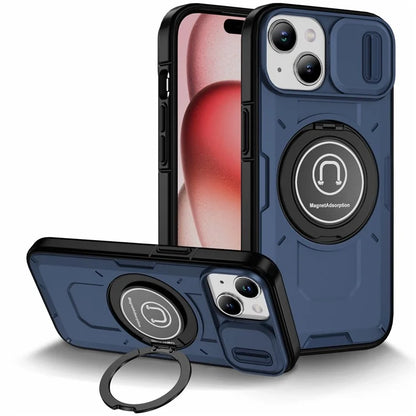 For iPhone 15 Plus Case TPU+PC Camshield Rotary Ring Kickstand Phone Cover