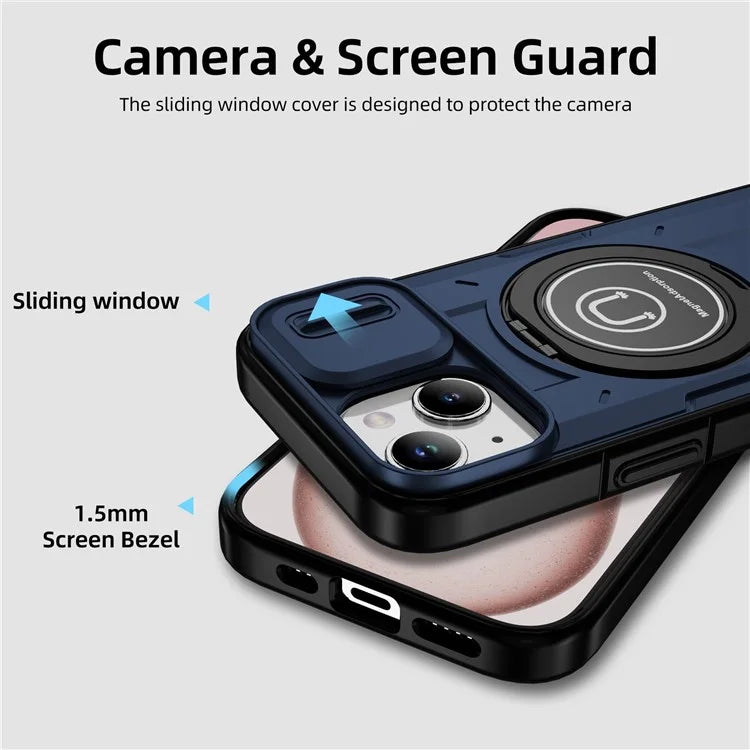 For iPhone 15 Plus Case TPU+PC Camshield Rotary Ring Kickstand Phone Cover