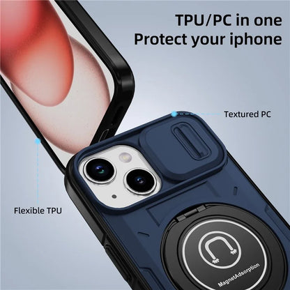 For iPhone 15 Plus Case TPU+PC Camshield Rotary Ring Kickstand Phone Cover