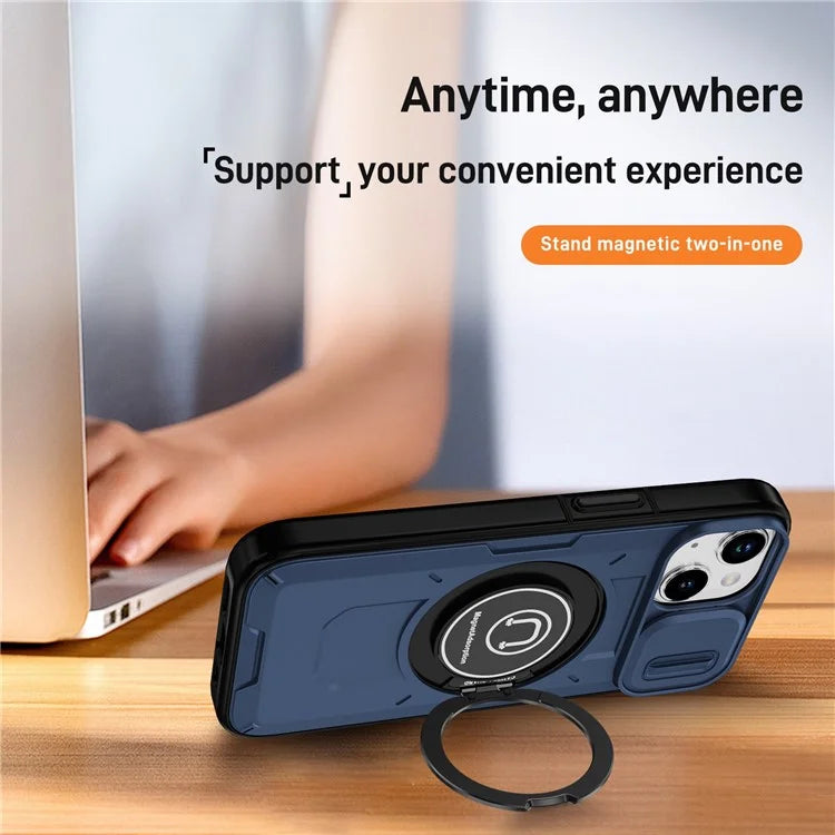 For iPhone 15 Plus Case TPU+PC Camshield Rotary Ring Kickstand Phone Cover