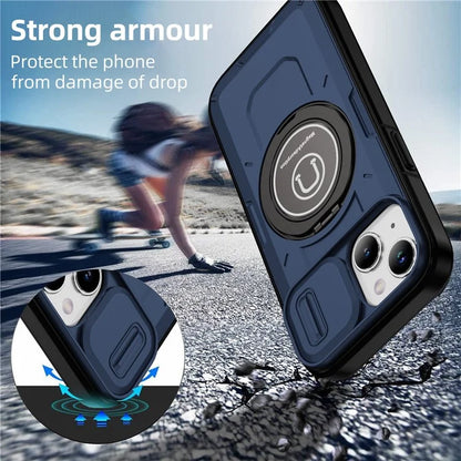 For iPhone 15 Plus Case TPU+PC Camshield Rotary Ring Kickstand Phone Cover