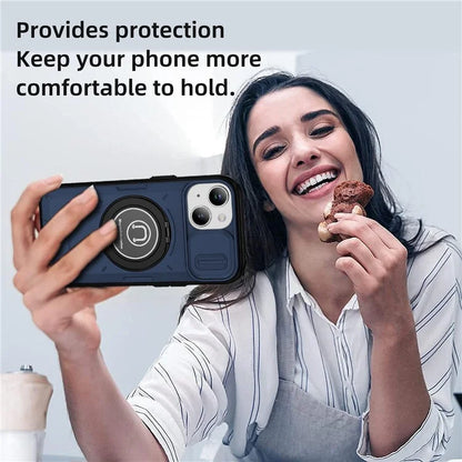 For iPhone 15 Plus Case TPU+PC Camshield Rotary Ring Kickstand Phone Cover